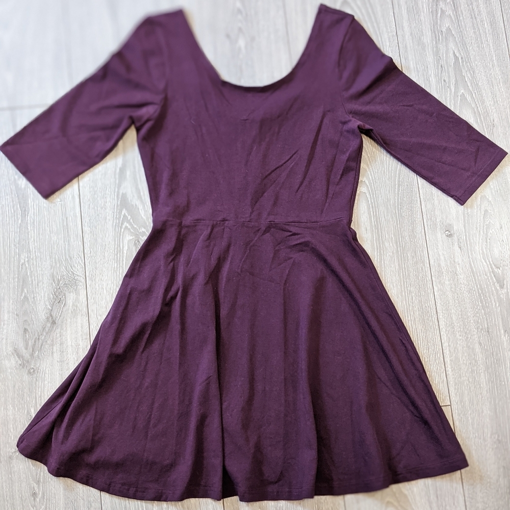 Express 3/4 Sleeve Scoop Back Skater Dress in Eggplant